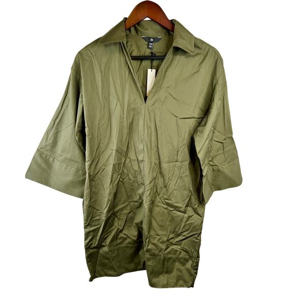 BR Women's Size XXS Swing Green Poplin Shirt Kimono-Sleeve Split-Neck NWT - Picture 1 of 16